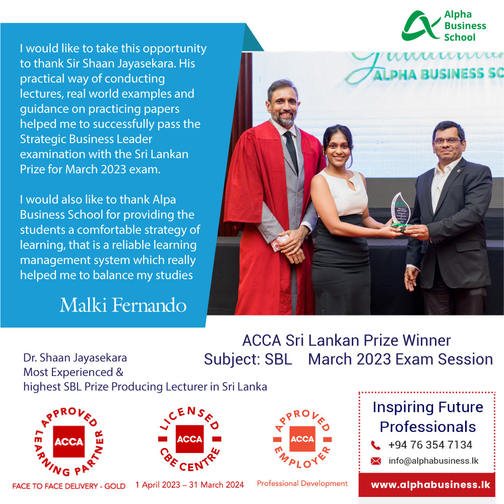 ACCA Sri Lankan Prize Winner Subject: SBL March 2023 Exam Session